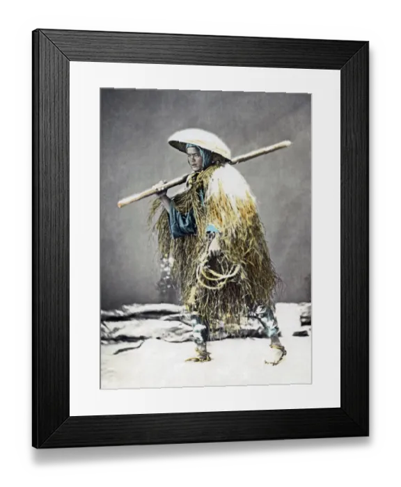 Framed Print : Farmer in grass coat and snow scene, Japan, circa 1880s. Date: circa 1880s Framed Print : Farmer in grass coat and snow scene, Japan, circa 1880s. Date: circa 1880s