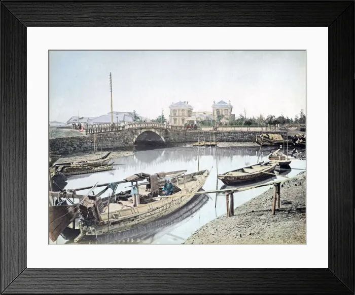 Framed Print : Railway station and Shinbashi bridge, Japan, circa 1880s. Date: circa 1880s Framed Print : Railway station and Shinbashi bridge, Japan, circa 1880s. Date: circa 1880s