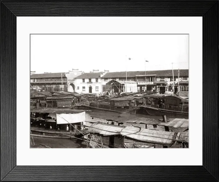 Framed Print : Waterfront and boats, Macau, China, circa 1890. Date: circa 1890 Framed Print : Waterfront and boats, Macau, China, circa 1890. Date: circa 1890