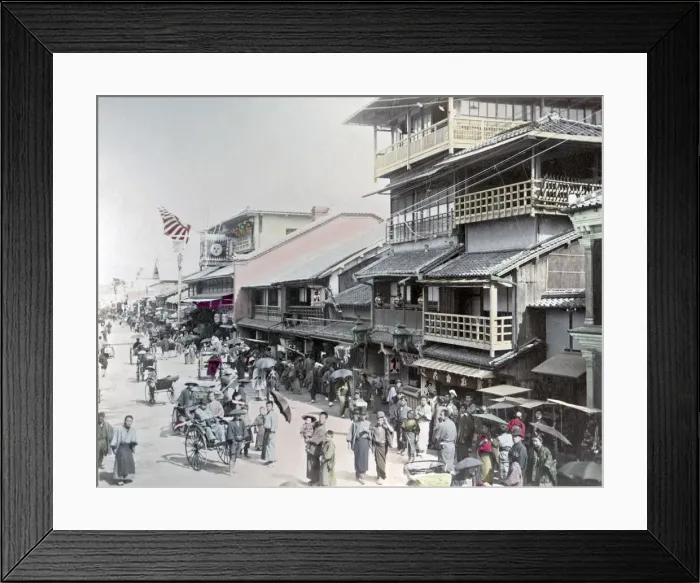 Framed Print : Street scene in Osaka, Japan, circa 1880s. Date: circa 1880s Framed Print : Street scene in Osaka, Japan, circa 1880s. Date: circa 1880s