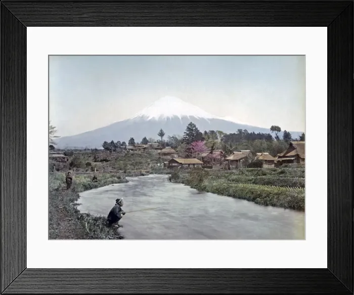 Framed Print : Mount Fuji from Omiya village, Japan, circa 1880s. Date: circa 1880s Framed Print : Mount Fuji from Omiya village, Japan, circa 1880s. Date: circa 1880s