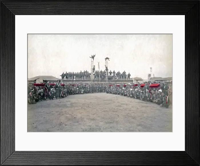 Framed Print : Fire brigade display, Japan, circa 1880s. Date: circa 1880s Framed Print : Fire brigade display, Japan, circa 1880s. Date: circa 1880s