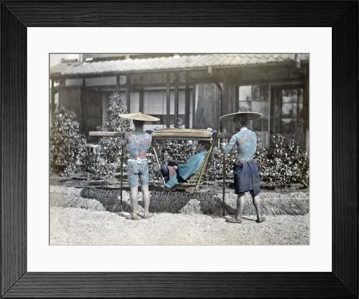 Framed Print : Tattooed bearers and a carrying chair, Japan, circa 1870s. Date: circa 1870s Framed Print : Tattooed bearers and a carrying chair, Japan, circa 1870s. Date: circa 1870s