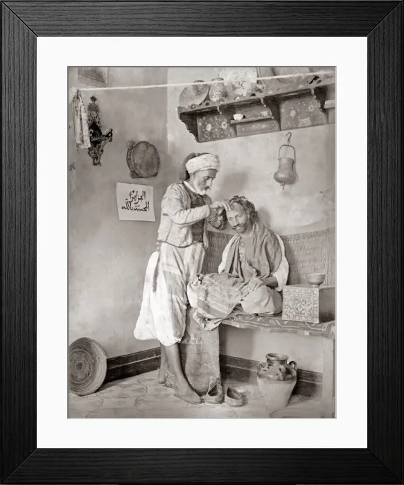 Framed Print : North Africa, barber at work, circa 1880s. Date: circa 1880s Framed Print : North Africa, barber at work, circa 1880s. Date: circa 1880s