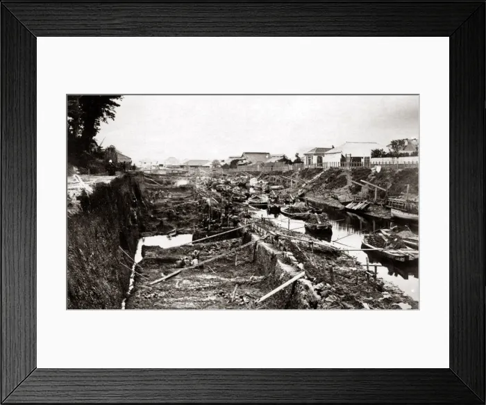 Framed Print : Widening a canal, construction work, Homura, Japan, circa 1870s. Date: circa 1870s Framed Print : Widening a canal, construction work, Homura, Japan, circa 1870s. Date: circa 1870s