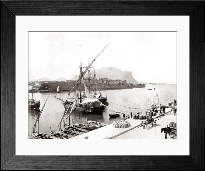 Framed Print : Ships of the waterfront, Palermo, Italy, circa 1880s. Date: circa 1880s Framed Print : Ships of the waterfront, Palermo, Italy, circa 1880s. Date: circa 1880s