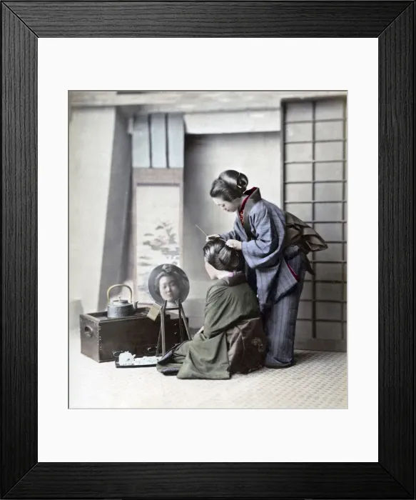 Framed Print : Geishas hairdressing, Japan, circa 1870s. Date: circa 1870s Framed Print : Geishas hairdressing, Japan, circa 1870s. Date: circa 1870s