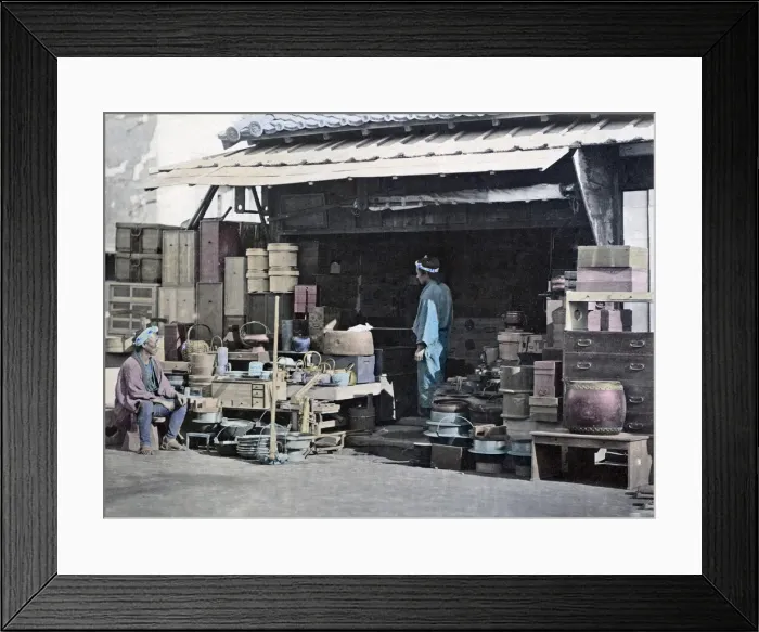 Framed Print : Hardware shop, Japan, circa 1880s. Date: circa 1880s Framed Print : Hardware shop, Japan, circa 1880s. Date: circa 1880s