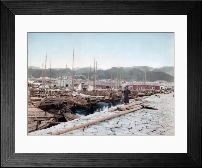 Framed Print : Boats tied up in Kobe harbour, Japan, circa 1890. Date: circa 1890 Framed Print : Boats tied up in Kobe harbour, Japan, circa 1890. Date: circa 1890