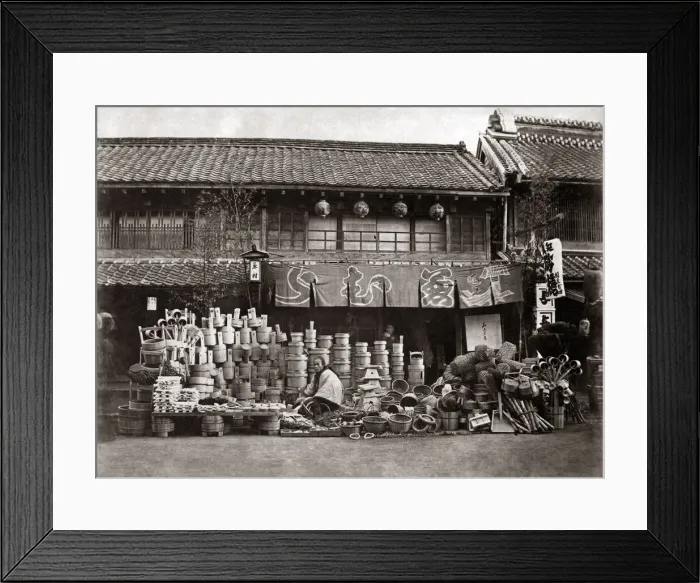 Framed Print : Vendor of pots and brooms, Japan, circa 1870s. Date: circa 1870s Framed Print : Vendor of pots and brooms, Japan, circa 1870s. Date: circa 1870s