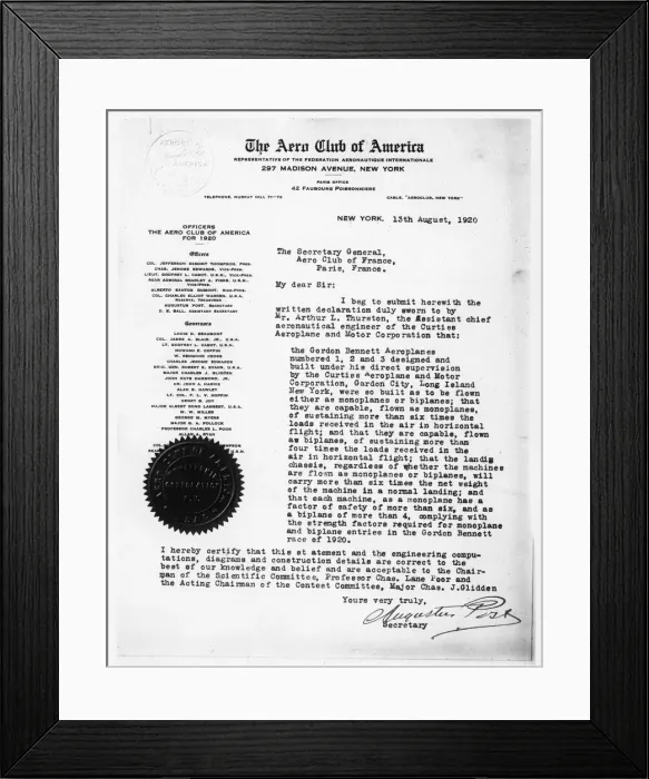 Framed Print : Certificate of Airworthiness from the Aero Club of America Framed Print : Certificate of Airworthiness from the Aero Club of America