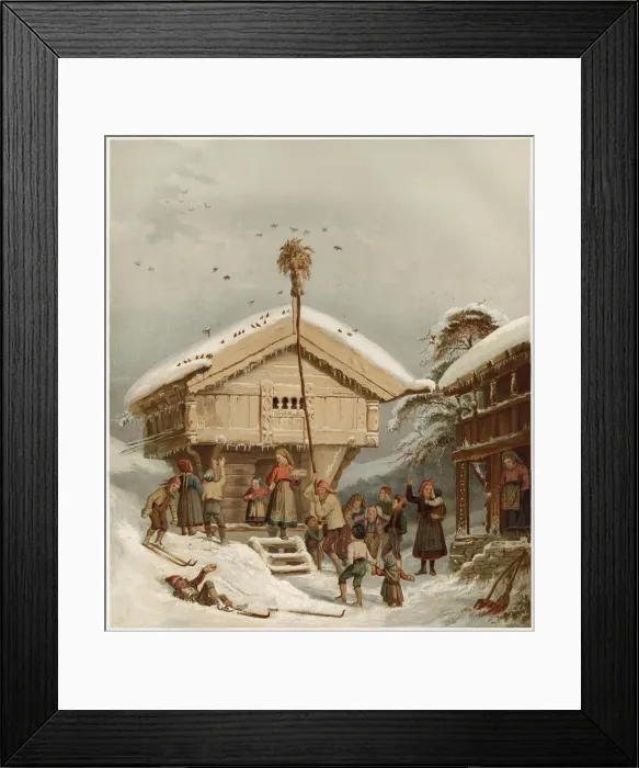 Framed Print : Raising the Bird-Pole (with a sheaf at the top) - a traditional Norwegian Christmas Framed Print : Raising the Bird-Pole (with a sheaf at the top) - a traditional Norwegian Christmas