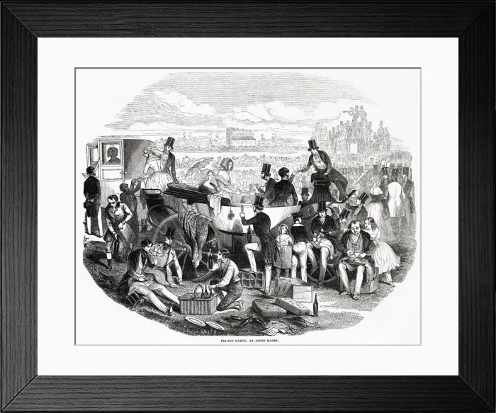 Framed Print : Provident racegoers enjoy a picnic between races at the Ascot meeting Date: 1844 Framed Print : Provident racegoers enjoy a picnic between races at the Ascot meeting Date: 1844