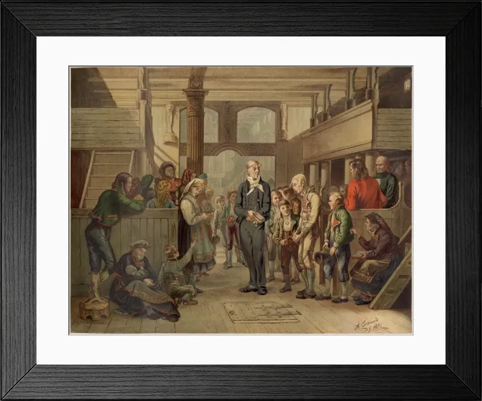 Framed Print : The village schoolmaster conducts a public catechism in Hitterdal church Date: 1845 Framed Print : The village schoolmaster conducts a public catechism in Hitterdal church Date: 1845