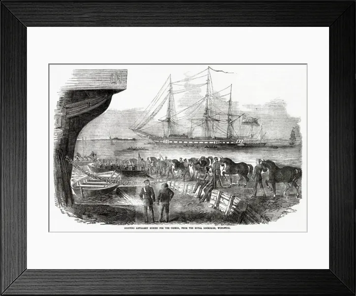 Framed Print : At the Royal Dockyard, Woolwich, artillery horses are shipped to the Crimea Date Framed Print : At the Royal Dockyard, Woolwich, artillery horses are shipped to the Crimea Date
