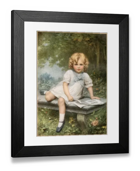 Framed Print : A young girl with blonde curls sits with her picture book on a stone bench in a woodland Framed Print : A young girl with blonde curls sits with her picture book on a stone bench in a woodland