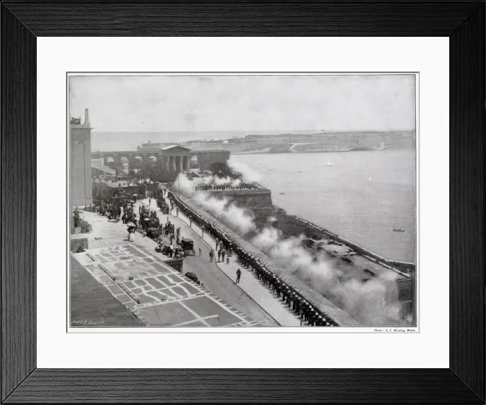 Framed Print : Valletta: feu de joie on the occasion of Victorias birthday. Date: 1897 Framed Print : Valletta: feu de joie on the occasion of Victorias birthday. Date: 1897