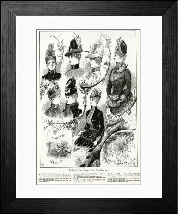 Framed Print : Novelties in hats, bonnets and fans 1886 Framed Print : Novelties in hats, bonnets and fans 1886