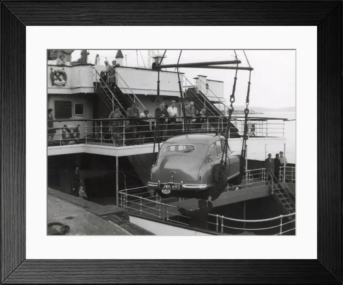 Framed Print : Shipping a British car by ferry, Fishguard, South Wales. Date: 1950s Framed Print : Shipping a British car by ferry, Fishguard, South Wales. Date: 1950s