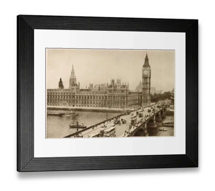 Framed Print : Photograph showing busy Westminster Bridge with pedestrians walking across Framed Print : Photograph showing busy Westminster Bridge with pedestrians walking across