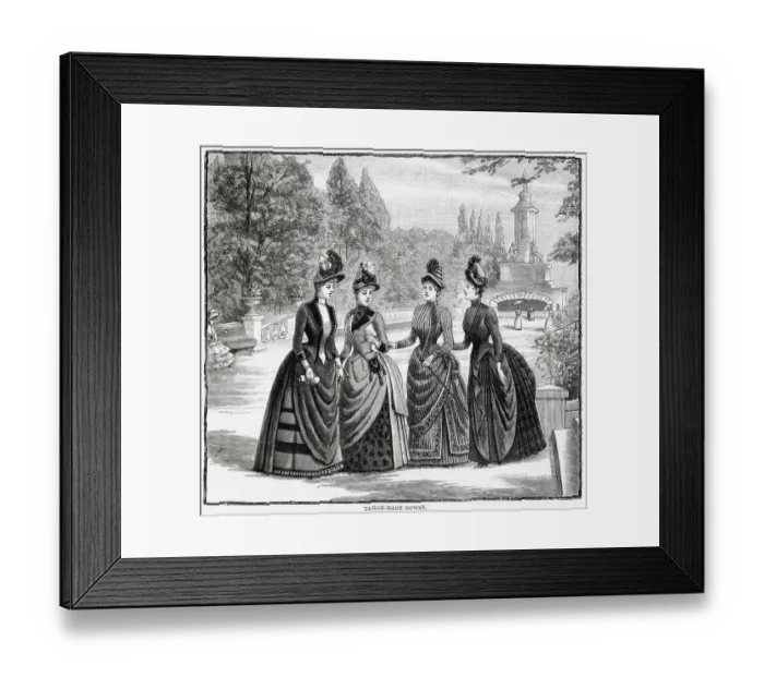 Framed Print : Three women wearing the latest tailor-made outdoor wear frocks Date: 1886 Framed Print : Three women wearing the latest tailor-made outdoor wear frocks Date: 1886