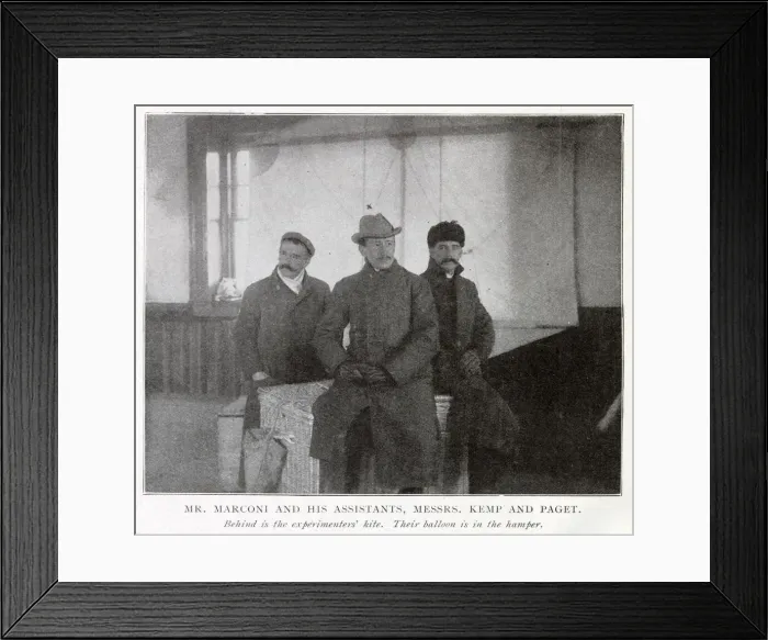 Framed Print : Guglielmo Marconi with his Assistants Kemp and Paget, behind is the experiments kite Framed Print : Guglielmo Marconi with his Assistants Kemp and Paget, behind is the experiments kite