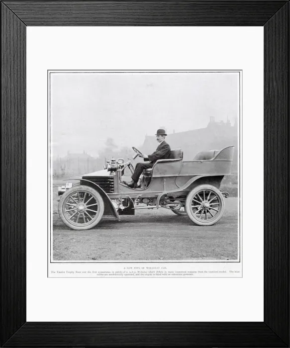 Framed Print : A man driving the new four-seater Wolseley motor car, speed of 30 m. h. Date: 1905 Framed Print : A man driving the new four-seater Wolseley motor car, speed of 30 m. h. Date: 1905