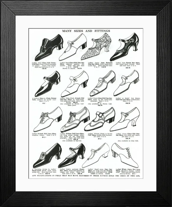 Framed Print : A Variety of womens comfortable shoes 1926 Framed Print : A Variety of womens comfortable shoes 1926