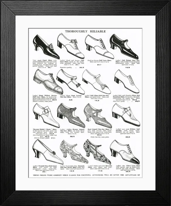 Framed Print : A Variety of womens comfortable shoes 1926 Framed Print : A Variety of womens comfortable shoes 1926