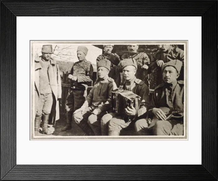 Framed Print : A group of Russian soldiers in camp accompanied by their musical instruments Framed Print : A group of Russian soldiers in camp accompanied by their musical instruments