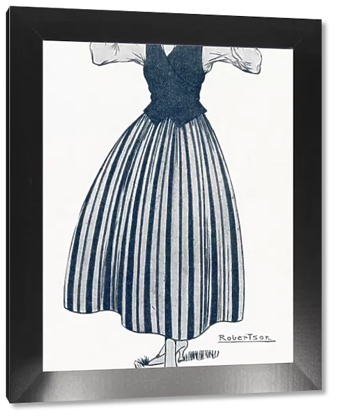 Woman in smart washing frock, of striped linen from the Ladies page of the Illustrated
