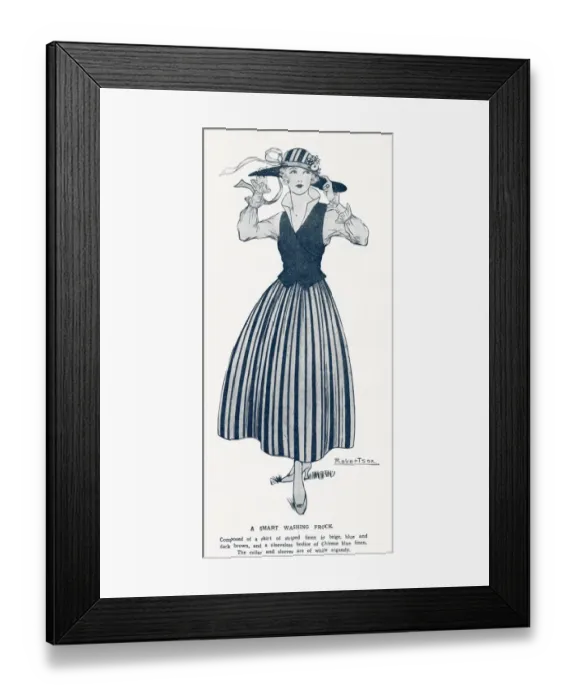 Framed Print : Woman in smart washing frock, of striped linen from the Ladies page of the Illustrated Framed Print : Woman in smart washing frock, of striped linen from the Ladies page of the Illustrated