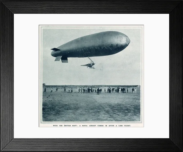Framed Print : A British naval airship coming in to land after a long flight. Date: 1916 Framed Print : A British naval airship coming in to land after a long flight. Date: 1916