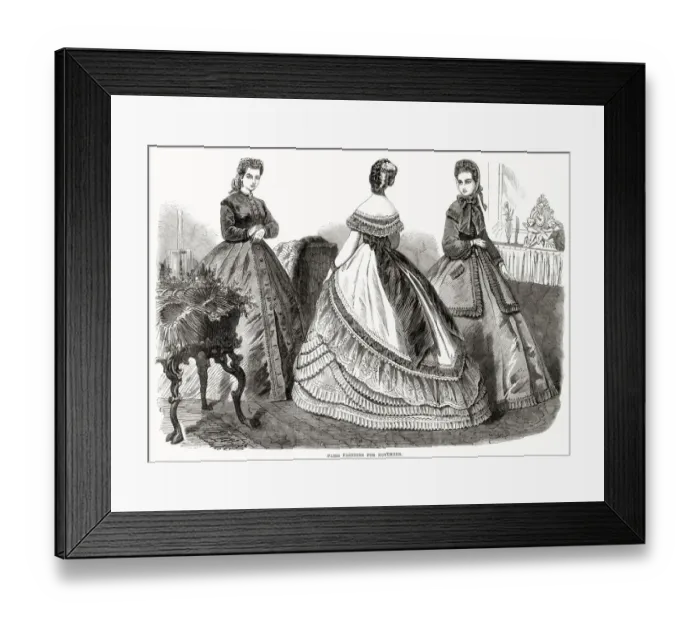 Framed Print : Three women wearing the new style of dresses. Date: October 1864 Framed Print : Three women wearing the new style of dresses. Date: October 1864