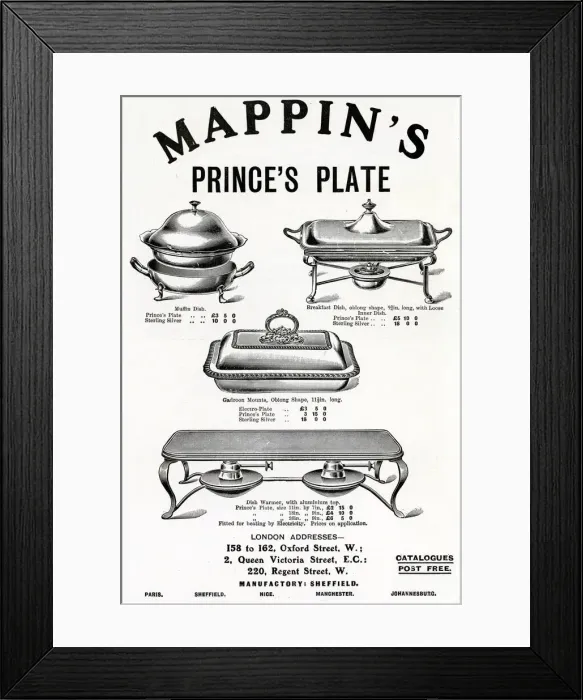 Framed Print : Advert for Mappin & Webb warming dishes 1906 Framed Print : Advert for Mappin & Webb warming dishes 1906