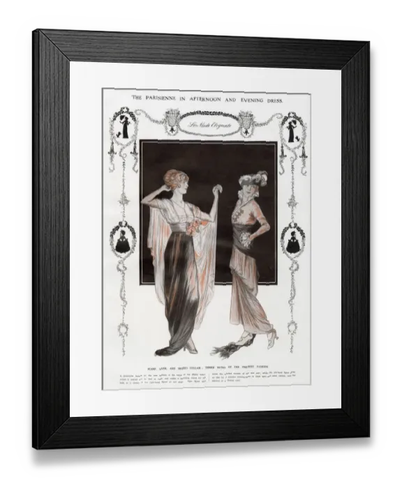 Framed Print : Two fashionable women wearing elegant afternoon and evening dresses with sashes Framed Print : Two fashionable women wearing elegant afternoon and evening dresses with sashes