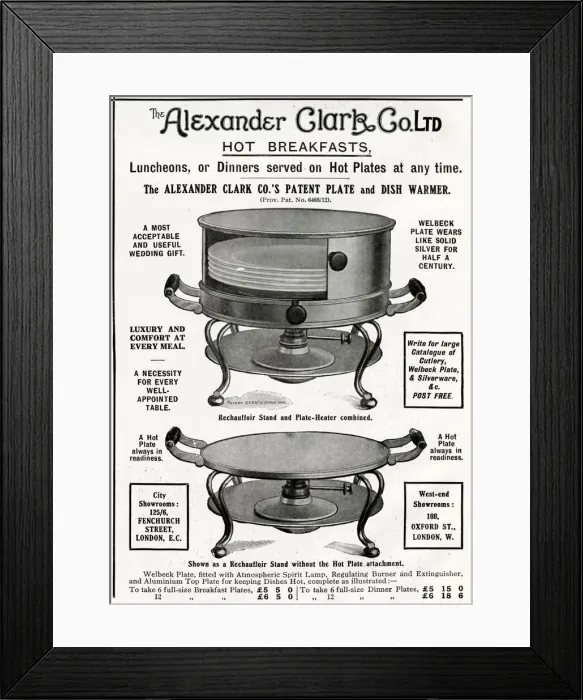 Framed Print : Advert for Alexander Clark, hot plate 1912 Framed Print : Advert for Alexander Clark, hot plate 1912