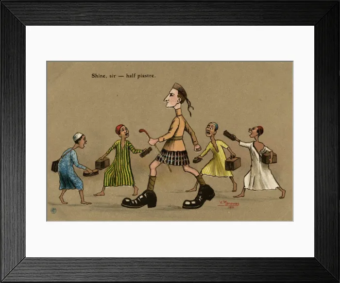 Framed Print : Scots soldier pursued by shoeshine boys Framed Print : Scots soldier pursued by shoeshine boys