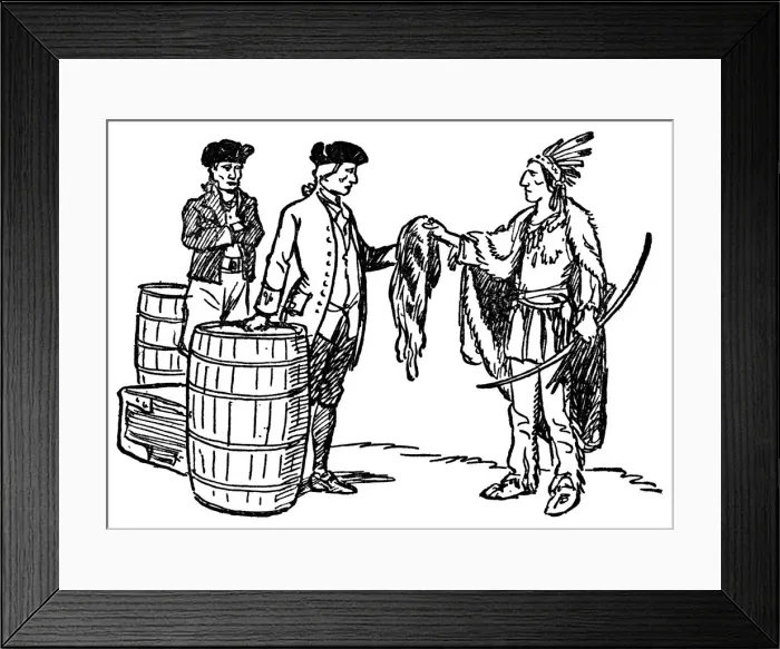 Framed Print : An indigenous Indian sellings furs to Americans Framed Print : An indigenous Indian sellings furs to Americans