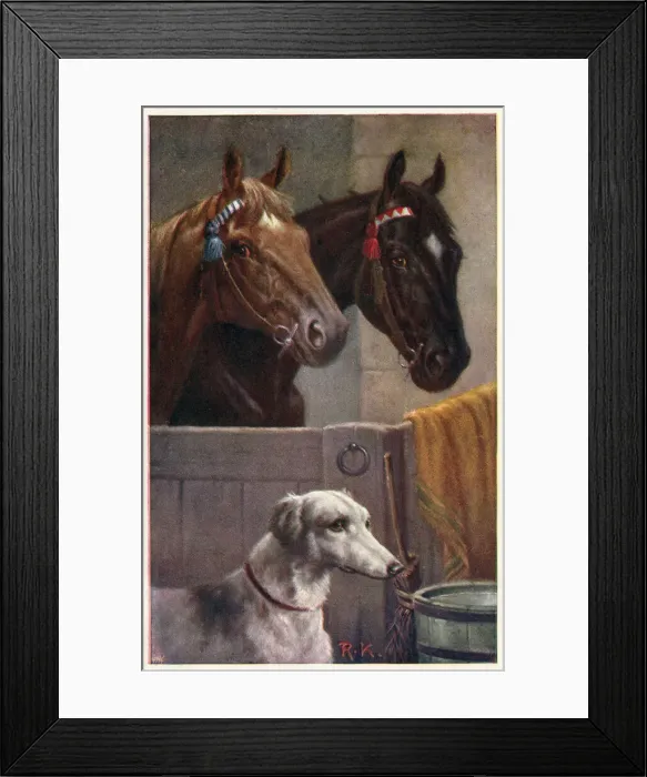 Framed Print : Pair of horses in a stable and a lurcher Framed Print : Pair of horses in a stable and a lurcher