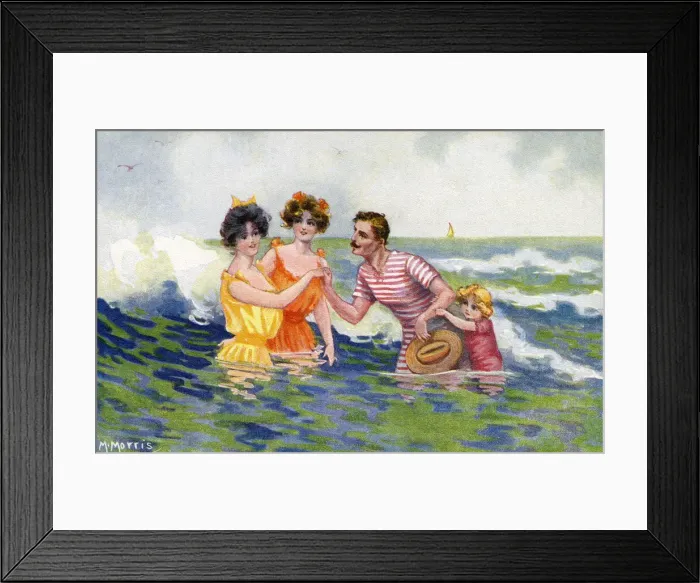 Framed Print : Seashore - Edwardian seaside scene depicts two young ladies a man and a child in the sea Framed Print : Seashore - Edwardian seaside scene depicts two young ladies a man and a child in the sea