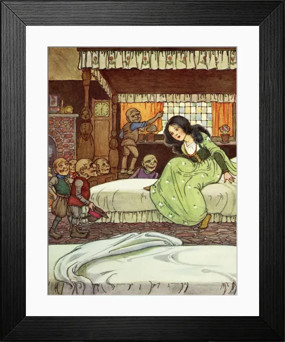 Framed Print : Snowdrop - Scene from Snowdrop. She finds a suitable bed in the cottage Framed Print : Snowdrop - Scene from Snowdrop. She finds a suitable bed in the cottage