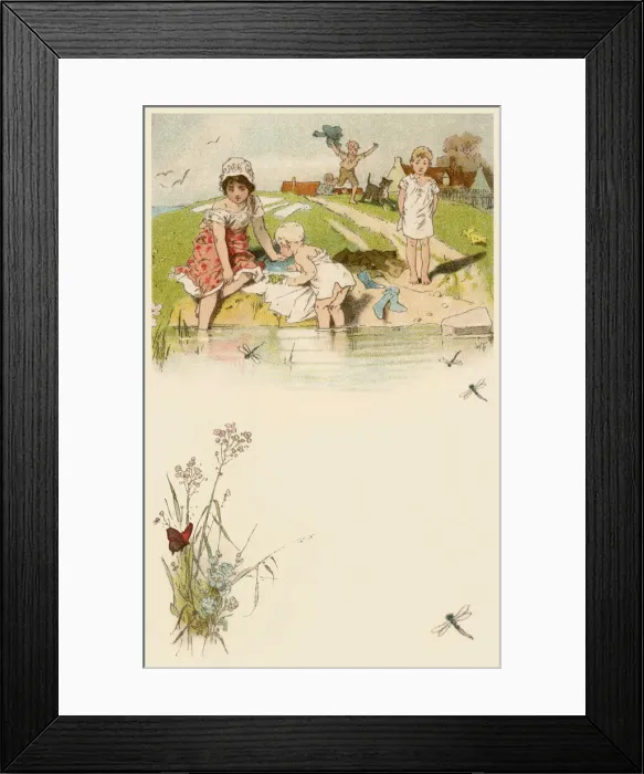 Framed Print : Bathing - Group of children bathing and looking at frogs and dragonflies Framed Print : Bathing - Group of children bathing and looking at frogs and dragonflies
