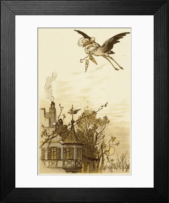 Framed Print : Stork bringing a baby Framed Print : Stork bringing a baby