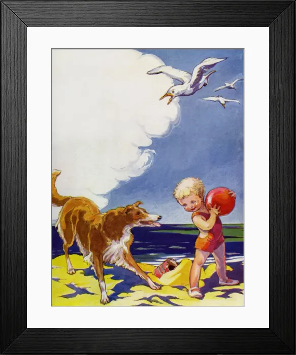 Framed Print : Child, dog & seagulls Framed Print : Child, dog & seagulls