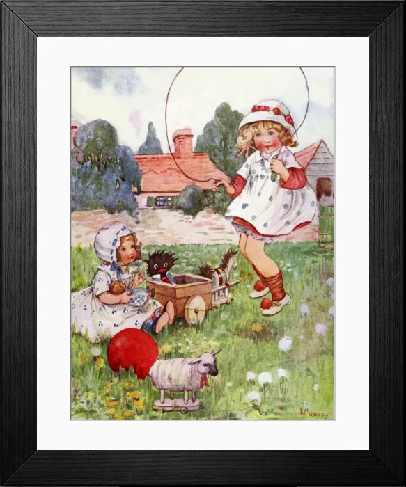 Framed Print : Skipping - Girls in the garden with their toys and dolls and one skipping Framed Print : Skipping - Girls in the garden with their toys and dolls and one skipping