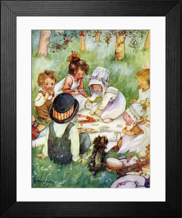 Framed Print : Picnicing - Goup of children with their dolls and pets picnicing in the orchard Framed Print : Picnicing - Goup of children with their dolls and pets picnicing in the orchard