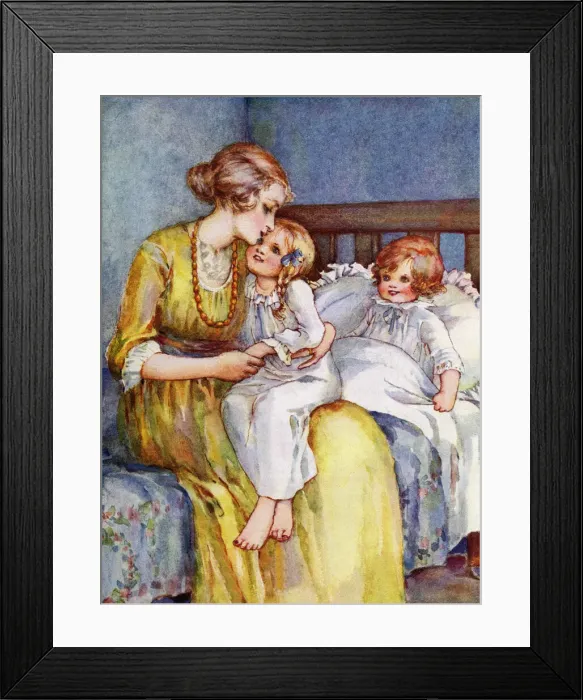 Framed Print : Goodnight - Mother and children at bedtime, cuddling and saying goodnight Framed Print : Goodnight - Mother and children at bedtime, cuddling and saying goodnight