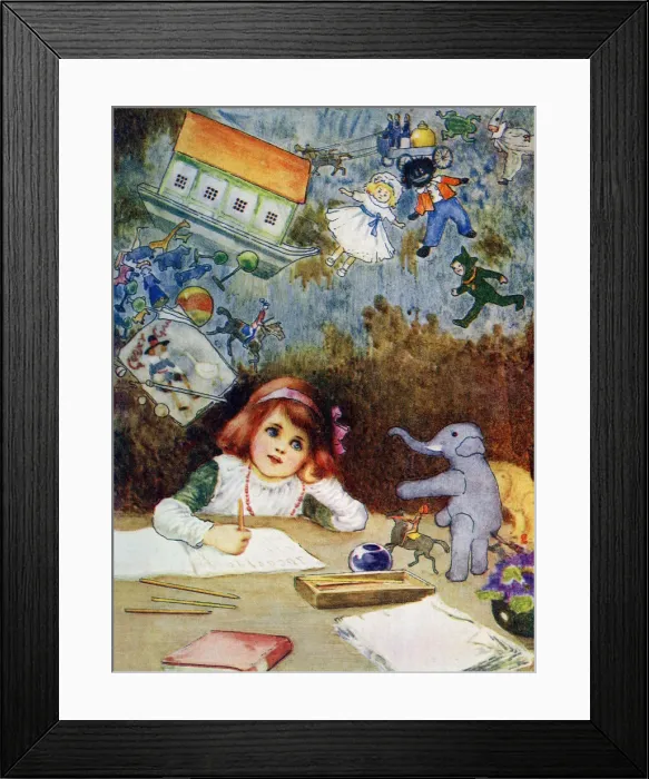 Framed Print : Dreaming - Young girl doing her homework but dreaming about her toys Framed Print : Dreaming - Young girl doing her homework but dreaming about her toys
