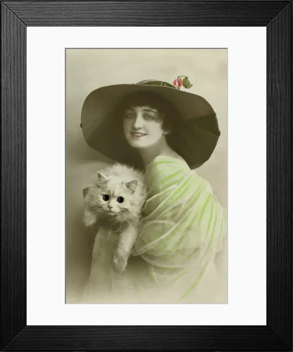 Framed Print : Woman with google-eyed cat Framed Print : Woman with google-eyed cat